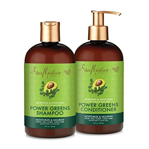 SheaMoisture Power Greens Curly Hair Shampoo and Conditioner Dry Hair Moringa Avocado to moisturize, 13 Fl Oz (Pack of 2)