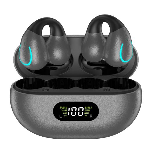 Open Ear Bone Conduction Headphones, Bluetooth Wireless Clip On Earbuds with Digital Display Charging Case 60 Hours Playtime IPX4 Waterproof Sports Headphones for Running, Walking, Workout (Grey)