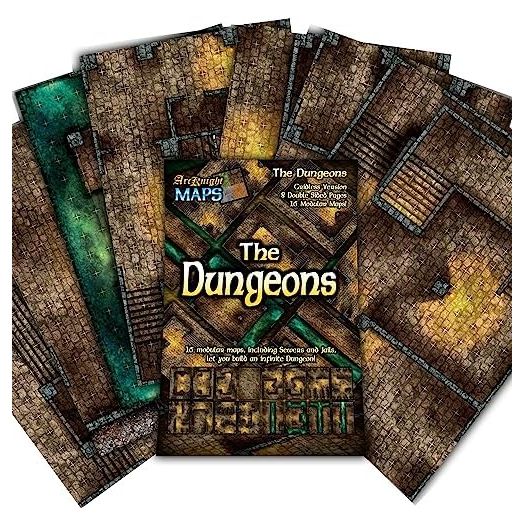 Arcknight The Dungeons Roleplaying Battlemaps; 16 Modular RPG Maps in 8 Double-Sided Pages, 1" Square Grid, Modular & Versatile Design for Tabletop Gaming - for Dungeons & Dragons & Pathfinder