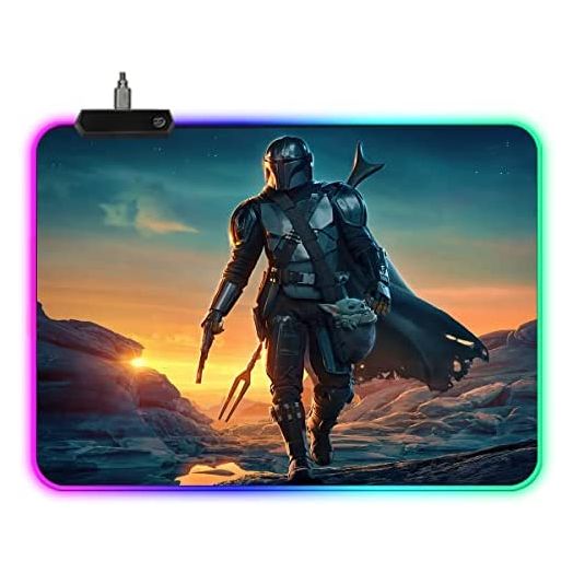 Star Wars Mandalorian Yoda RGB Soft Gaming Mouse Pad Glowing Led Extended Mousepad (Medium Mandalorian)