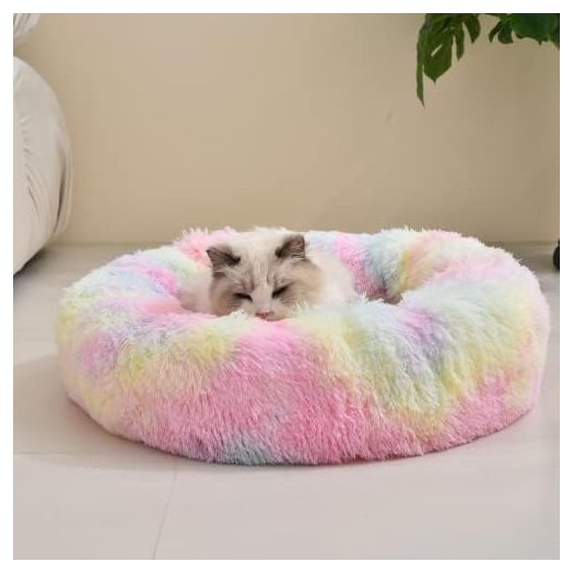 Gavenia Cat Beds for Indoor Cats -20’’x20’’Washable Donut Cat and Dog Bed,Soft Plush Pet Cushion,Waterproof Bottom,Fluffy Dog and Cat Calming and Self Warming Bed for Sleep Improvement,Rainbow