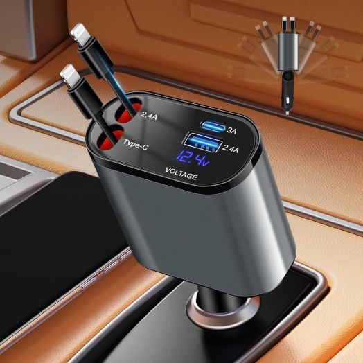 Retractable Car Charger 4 in 1 Fast Charging 100W Car Phone Charger,Retractable Cables (80cm) and 2 Charging Ports,USB C Ports Car Adapter Compatible with iPhone Series,Galaxy,Pixel,Tablets,Laptop