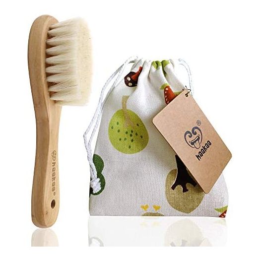 haakaa Wooden Baby Hair Brush for Newborns and Toddlers Baby Brush Natural Soft Goat Bristles Hairbrush, Ideal for Cradle Cap, Perfect Baby Registry Gift with Carry Pouch, 1PC