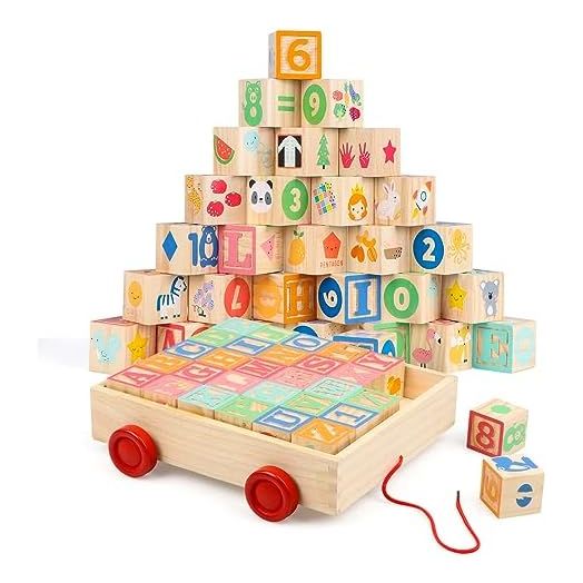 Joqutoys Wooden Building Blocks for Toddlers 1-3, Large Wood Baby Stacking Blocks Set for Kids, 30 PCS Alphabet Blocks with Toy Wagon, Educational Wooden Toys for Boys Girls Gifts 1.65"