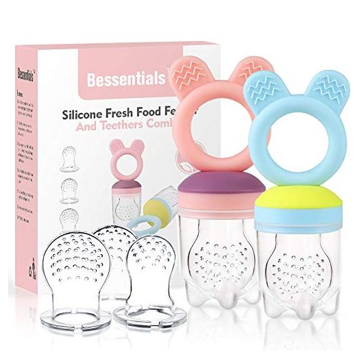 Baby Fruit Food Feeder Pacifier - 2 Packs Silicone Fresh Fruit Feeder BPA Free [All Sizes Silicone Food Pouches Included] (Blue&Pink)