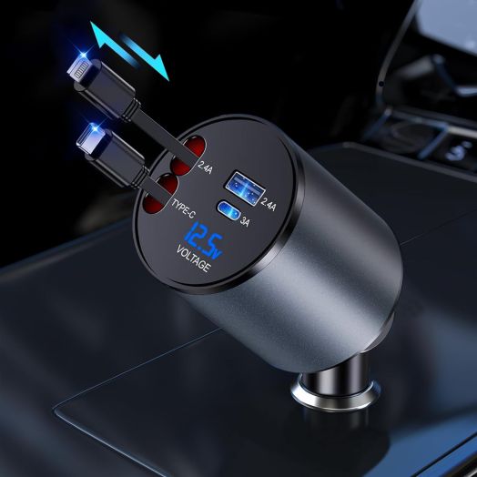 Retractable Car Charger,Fast 4 in 1 Car Charger for iPhone and Type C 60W,Retractable Cables and 2 Charging Ports Car Charger for iPhone 15/14/13,iPad,Galaxy and Multiple Devices
