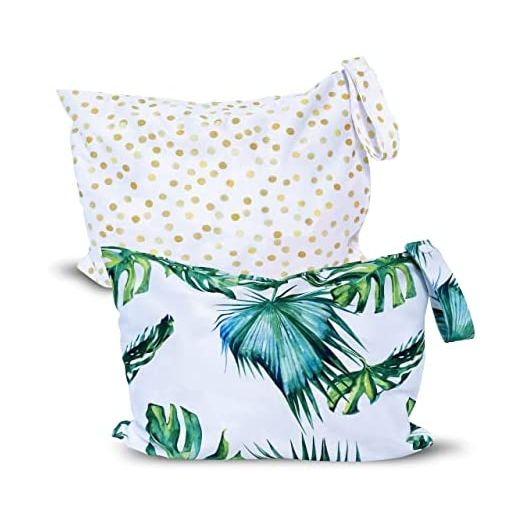 2pcs Cloth Diaper Wet Dry Bags with Zipper, Waterproof, Odor-lock, Machine-Washable for Daycare of Soiled Baby Items, Swimsuits or Wet Clothes (Palm trees & Golden Dots)