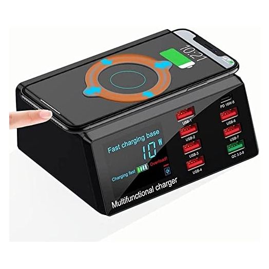 WANLONGXIN 100W Quick Charge 3.0 8-Port USB Fast Charger,10W Max for Phone Fast Wireless Charging,9-in-1 Multi-Device Wireless Charging Station,Black,X9