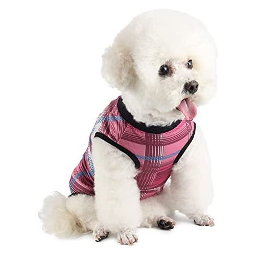 Due Felice Dog Surgical Recovery Suit Puppy Onesie After Surgery Pet E-Collar Alternative for Female Male Dog Pink Plaid/Medium