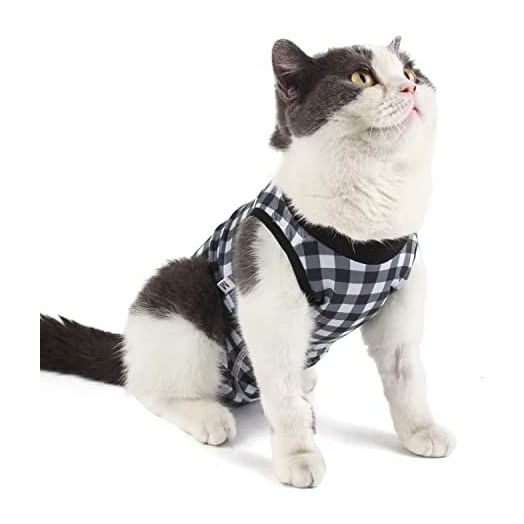 Due Felice Cat Surgery Recovery Suit Small Dog Surgical Onesie After Surgery Wear Pet Cone E-Collar Alternative Black Plaid/S