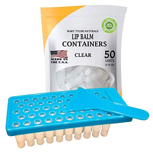 Lip Balm Container Tray Kit with Fill Tray and Spatula, BPA Free, Made in the USA, Includes 50 Clear Lip Balm Containers with Caps (0.15 oz each) by Mary Tylor Naturals