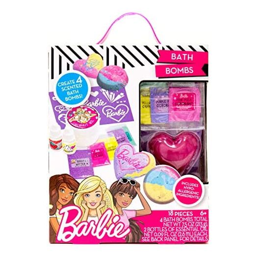 Barbie Make Your Own Bath Bomb Kit by Horizon Group USA, DIY Four Custom Colorful & Sweet-Smelling Bath Bombs, Includes Stencil, Glitter, Molds, Fragrances & More, Pink, Yellow, Teal & Purple