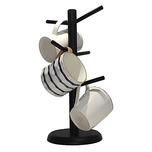 Dorhors Mug Tree, Mug Hanger Stand, Coffee Cup Holder with 6 Hooks, Wood Coffee Mug Holder for Counter (Balck)