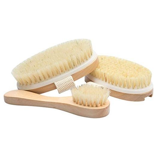 Essential Living: 3-Piece Dry Brushing Spa Kit - 1 Face Brush, 2 Body Scrub Brushes and a Cotton Bag - Body and Skin Care for Exfoliation, Blood Circulation and Lymphatic System Stimulation Support