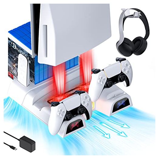 NexiGo PS5 Accessories Silent Cooling Stand with Headset Holder and AC Adapter, for PS5 Disc & Digital Editions Dual Controllers Charger, 3 Levels Adjustable Fans Speed, 10 Game Rack Organizer, White