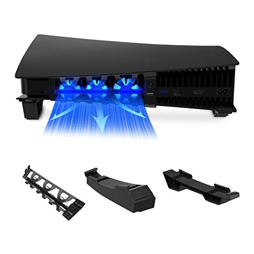 NexiGo PS5 Horizontal Stand with Slient Cooling Fan, [Auto On/Off], [Minimalist Design], Compatible with Playstation 5 Disc & Digital Editions, Built-in LED Light, Extra USB Port, Black