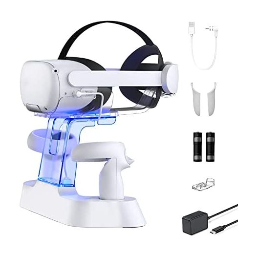 NexiGo Enhanced Charging Dock with LED Light [On/Off] for Oculus Quest 2, [Support Elite Strap with Battery], Headset Display Holder and Controller Mount, 2 Rechargeable Batteries, USB-C Charger