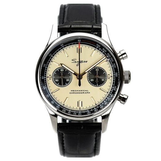 Sugess Mechanical Chronograph Watch Men ST1901 Movement Panda Hand Wind Wrist Watches 5ATM Waterproof Sapphire Military Pilot Watch with Black Leather Strap (40mm Beige) (1963-panda)
