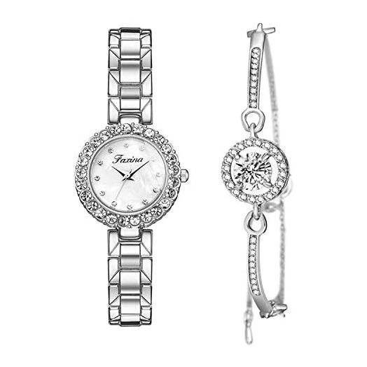 Clastyle Elegant Watch and Bracelet Set for Women Rose Gold Rhinestone Wrist Watch with Bangles Mother of Pearl Ladies Bracelet Watches