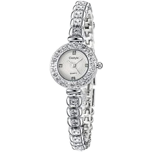 Clastyle Rhinestone Silver Women Watches Elegant Stainless Steel Ladies Bracelet Watch Set Gift for Gradution