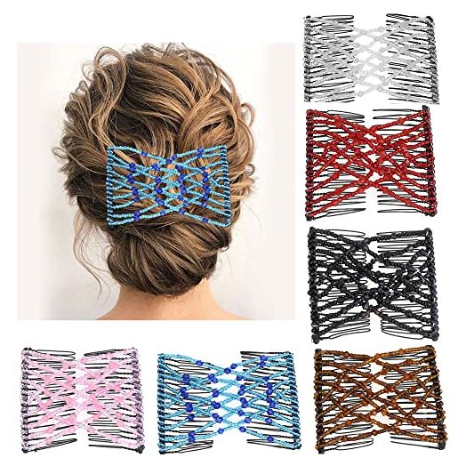 Aethland 6 Pieces Magic Hair Comb Elastic Beaded Hair Clips Women Stretchy Bride Double Slides Hairpins Combs