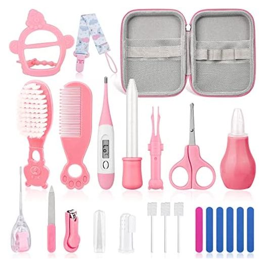 23Pcs Baby Healthcare and Grooming Kit modacraft Baby Safety Set with Baby Teether Pacifier Clip Hair Brush Nail Clippers Lighting Ear Cleaner for Nursery Newborn Baby Girls Boys Kids Pink