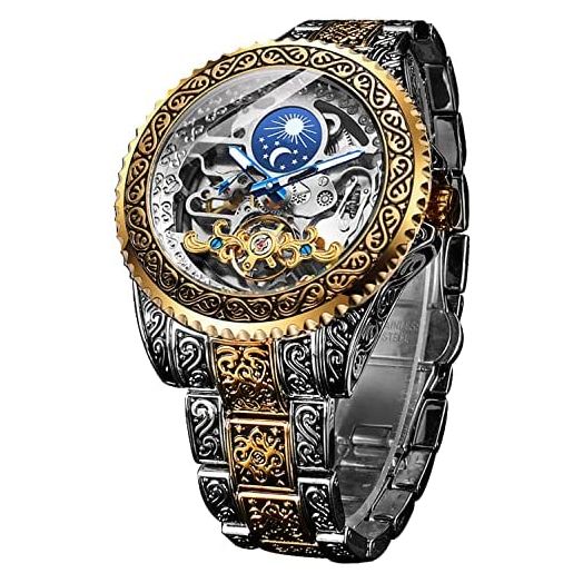 Forsining Retro Watch for Men Carved Self-Wind Mechanical Tattoo Tourbillon Moon Phase Independent Seconds Skeleton Automatic Big Dial Wrist Watches