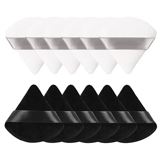12 Pieces Pure Cotton Powder Puff Face Triangle Soft Makeup Puff for Loose Powder Body Cosmetic Foundation Sponge Mineral Powder Wet Dry Makeup Tool with Strap-Black/White