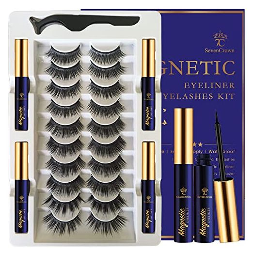 3D Magnetic Eyelashes with Eyeliner Kit - SevenCrown Magnetic Lashes Natural Looking with Upgraded 4 Tubes of Magnetic Liner Waterproof, Long Lasting,10 Pairs Reusable False Eyelashes Easy to Apply.