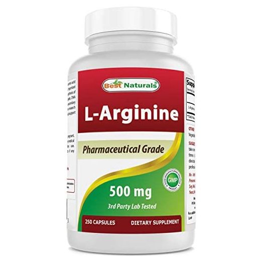Best Naturals L-Arginine 500mg 250 Capsules, Pharmaceutical Grade L Arginine supplement promotes nitric oxide synthesis