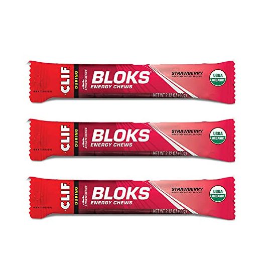 CLIF BLOKS - Energy Chews - Strawberry- Non-GMO - Plant Based Food - Fast Fuel for Cycling and Running-Workout Snack (2.1 Ounce Packet, 3 Count)