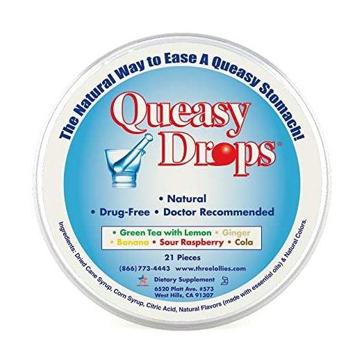 Three Lollies Queasy Drops | Assorted for Nausea Relief |Green Tea with Lemon | Ginger | Banana | Sour Raspberry | Cola | 21 Drops