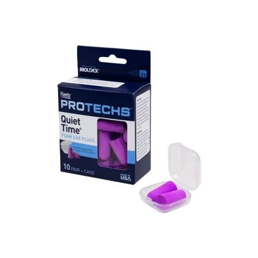 Flents Foam Ear Plugs, 10 Pair with Case for Sleeping, Snoring, Loud Noise, Traveling, Concerts, Construction, & Studying, NRR 33, Purple, Made in the USA