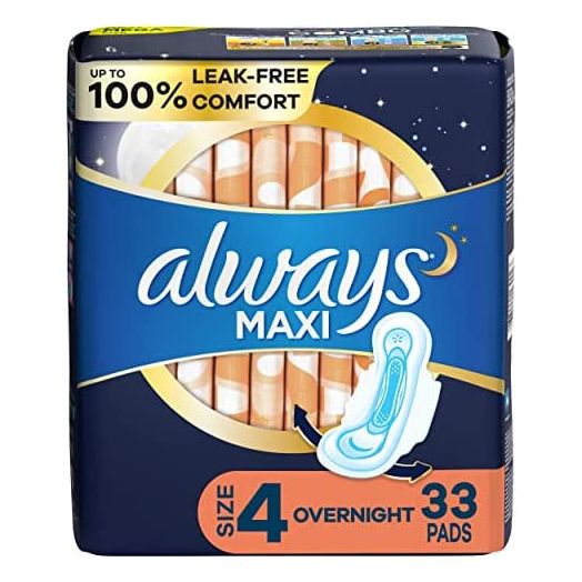 Always Maxi Pads Size 4 Overnight Absorbency Unscented with Wings, 33 Count
