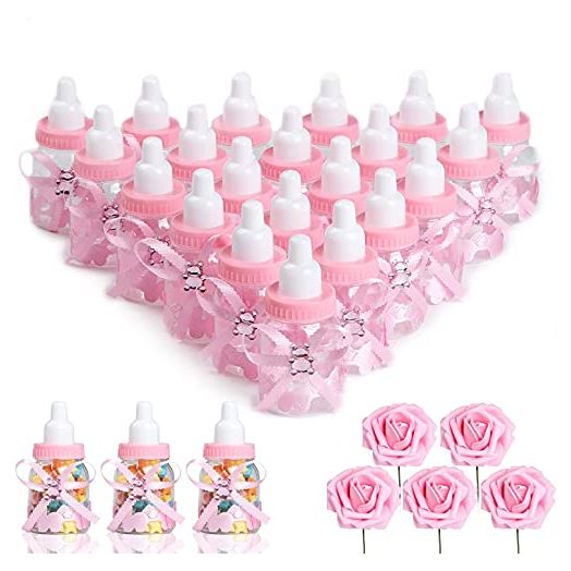 MACTING 2 Dozens 3.5 Inch Feeding Bottle Candy Box with 5 Pcs Artificial Flower Rose for Baby Shower Favor Gift Decoration (Pink)