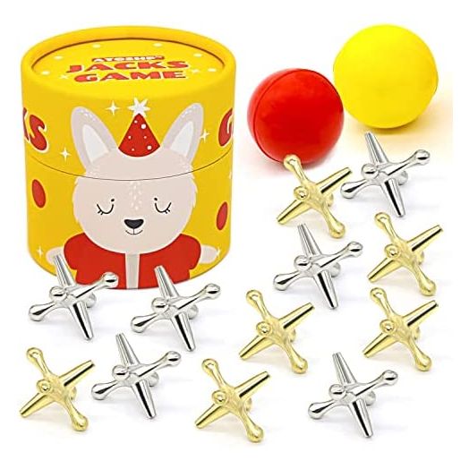 Jacks Game with Ball, Retro Toys, Vintage Classic Game for 8-12 Year Old, 12 Metal Jax and 2 Different Balls in The Box
