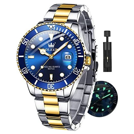 OLEVS Watches for Men with Date Luxury Big Face Waterproof Mens Wristwatch Analog Dress Two Tone Stainless Steel Man Watch Luminous Relojes De Hombre Calendar(Green/Blue/Black Dial)