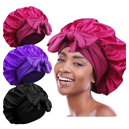 3pcs Satin Bonnets for Black Women, Large Silky Bonnet with Tie Band, Jumbo Braids Bonnet, A