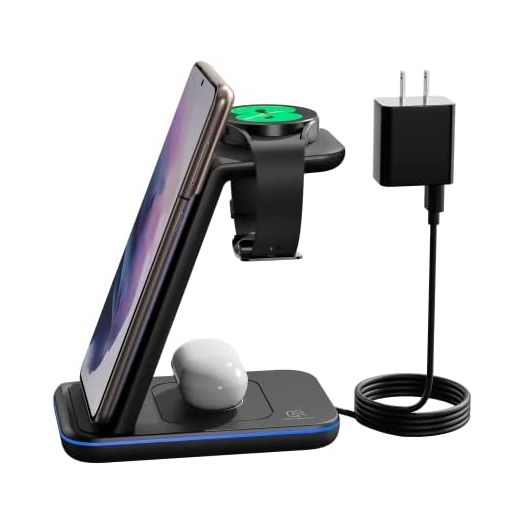 Wireless Charging Station for Samsung, 3 in 1 Fast Wireless Charger Stand for Samsung S22/+/Ultra/S21/S20/S10, Portable Wireless Charger for Samsung Watch 4/3/Active 2/1/LTE, Galaxy Buds 2/Pro/Live