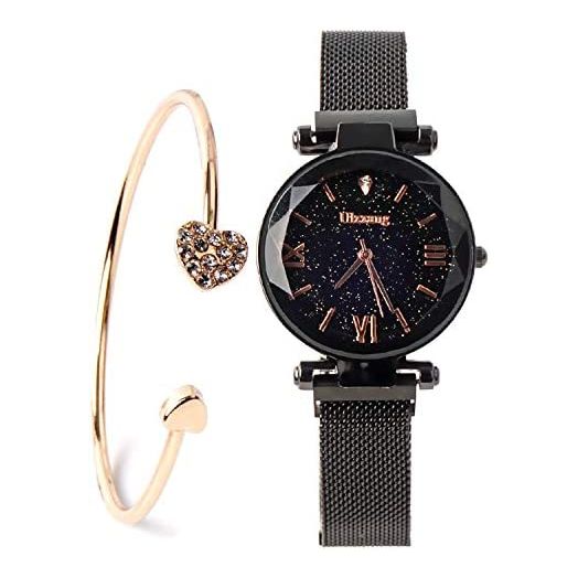 Luxury Quartz Starry Sky Dial Ladies Wrist Watches,Magnetic Mesh Band Watch and Bracelet Set