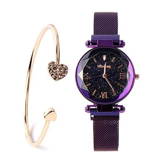 Luxury Quartz Starry Sky Dial Ladies Wrist Watches,Magnetic Mesh Band Watch and Bracelet Set