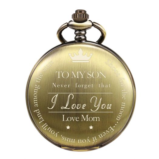 TREEWETO Pocket Watch to My Son | Mother and Son - Graduation Gifts for Him 2020 - Engraved “to My Son Love Mom” Pocket Watches - for Son from Mom for Christmas, Valentines Day, Birthday, Bronze
