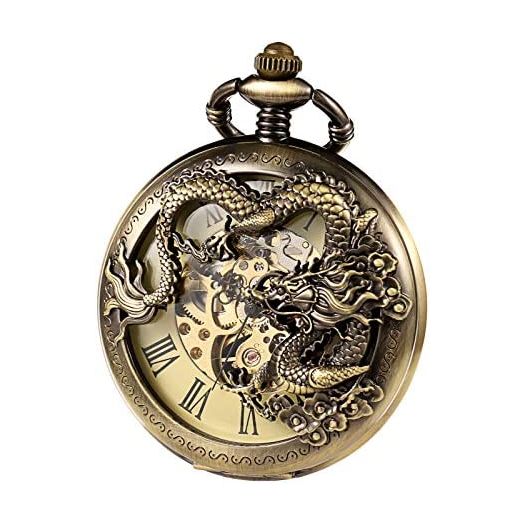 TREEWETO Mens Antique Skeleton Mechanical Bronze Pocket Watch Dragon Hollow Hunter with Chain and Box