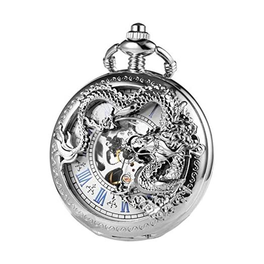 TREEWETO Mens Antique Skeleton Mechanical Silver Pocket Watch Dragon Hollow Hunter with Chain and Box