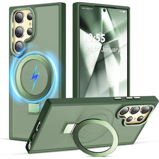 Case for Samsung Galaxy S23 Ultra with Magnetic Invisible Stand Compatible with MagSafe Lightweight and Translucent Matte Back Shockproof Protective Case Men Women Green