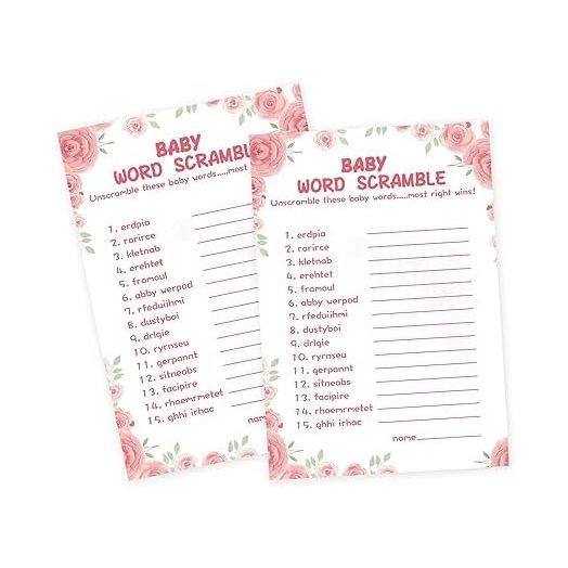 50 Baby Shower Games for Girl-Baby Shower Word Scramble Game,Floral Theme, Thick Cardstock, Fun and Easy to Play,Hilarious Baby Shower Games(with Answer)