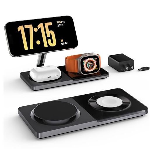 3 in 1 Charging Station for Apple Devices, Mag-Safe Charger Stand Fast Charging, Wireless Charger for iPhone 15/14/13/12 Series, Apple Watch Series 1-9/Ultra, AirPods Pro, 30W USB Charger (Black)