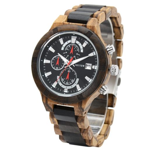 MII YEW Men's Wooden Watch Handmade Natural Wood Watches Lightweight Analog Vintage Multifunctional Black Dial Luminous Hands Date