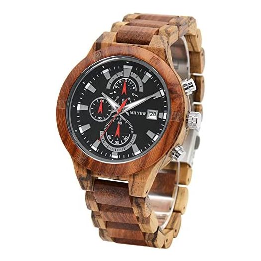 MII YEW Men’s Wooden Watch Handmade Natural Wood Watches Lightweight Analog Vintage Multifunctional Black Dial Luminous Hands Date