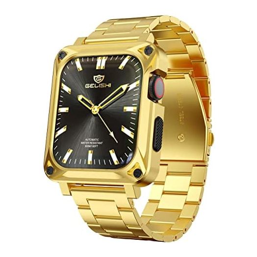GELISHI Compatible with Apple Watch Band Series 7 45mm, Men Rugged Protective Case 45mm Stainless Steel Metal Band Replacement Strap, Gold